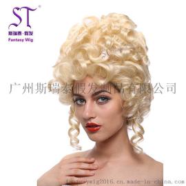 广州欧美假发批发 欧美蓬松公主cos高帽假发 女士波浪短卷发套