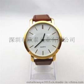 2015超薄金壳咖啡色带手表 合金手表 真皮石英表