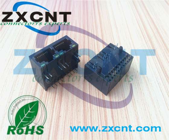 RJ45全塑1X2带灯无变压器网口插座，卧式8P8C双口连接器