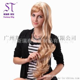 广州假发生产厂家 女士金色长卷发假发 欧美时尚