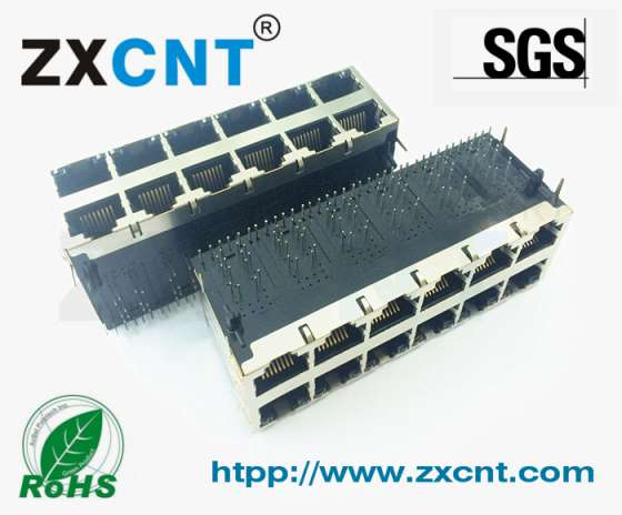 ZXCNT品牌RJ45双层2X6百兆带POE供电连接器，ZXRJ-1269-55TNL